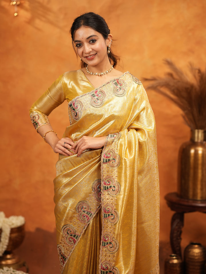Golden Yellow Banarasi Silk Embroidered Saree with Paisley Border & Zari Weaving | Heavy Embroidered Blouse with Tassels | Wedding & Festive Wear Saree