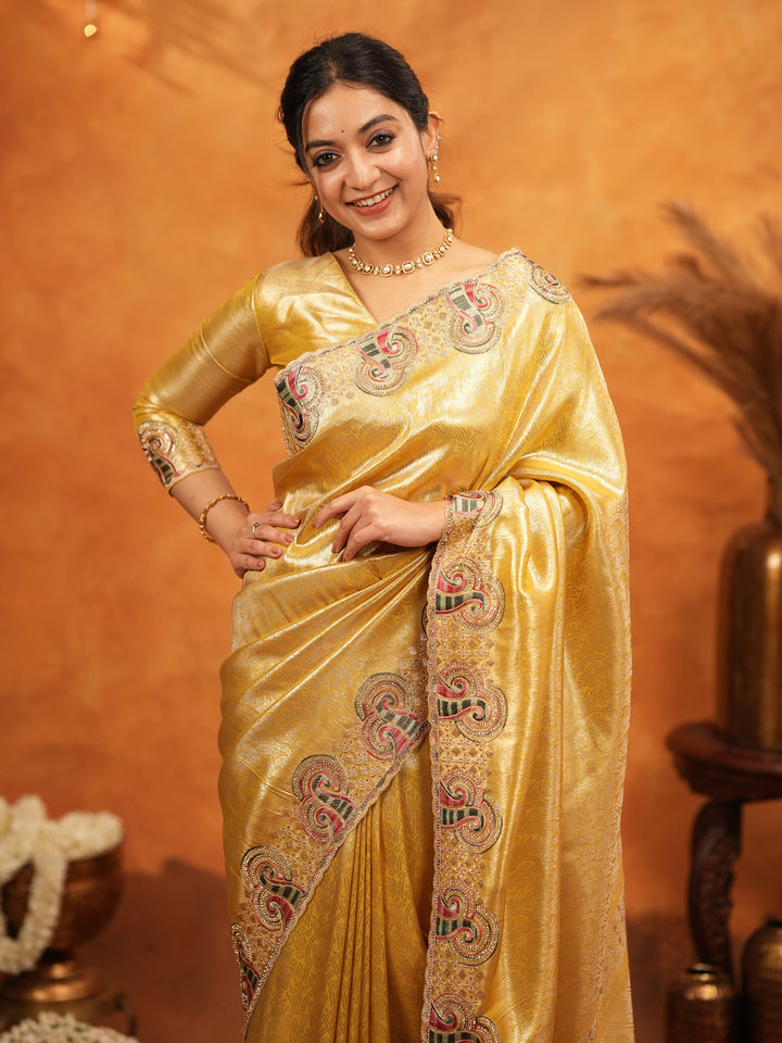 Golden Yellow Banarasi Silk Embroidered Saree with Paisley Border & Zari Weaving | Heavy Embroidered Blouse with Tassels | Wedding & Festive Wear Saree