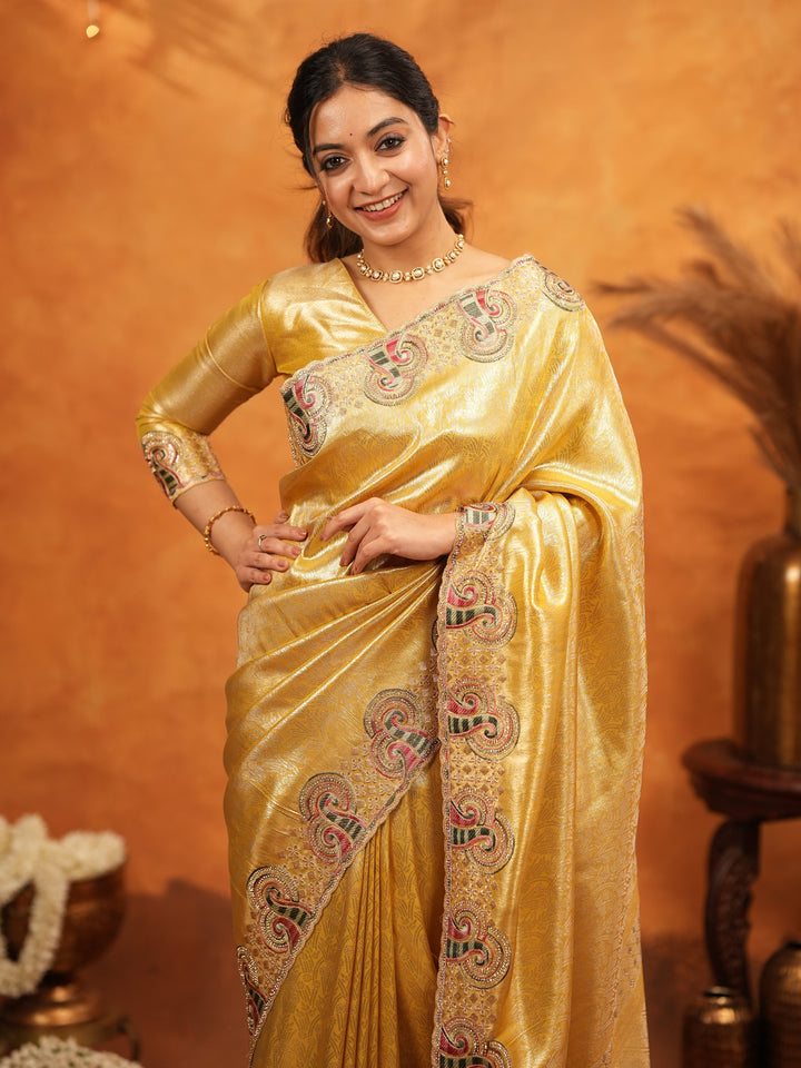 Golden Yellow Banarasi Silk Embroidered Saree with Paisley Border & Zari Weaving | Heavy Embroidered Blouse with Tassels | Wedding & Festive Wear Saree