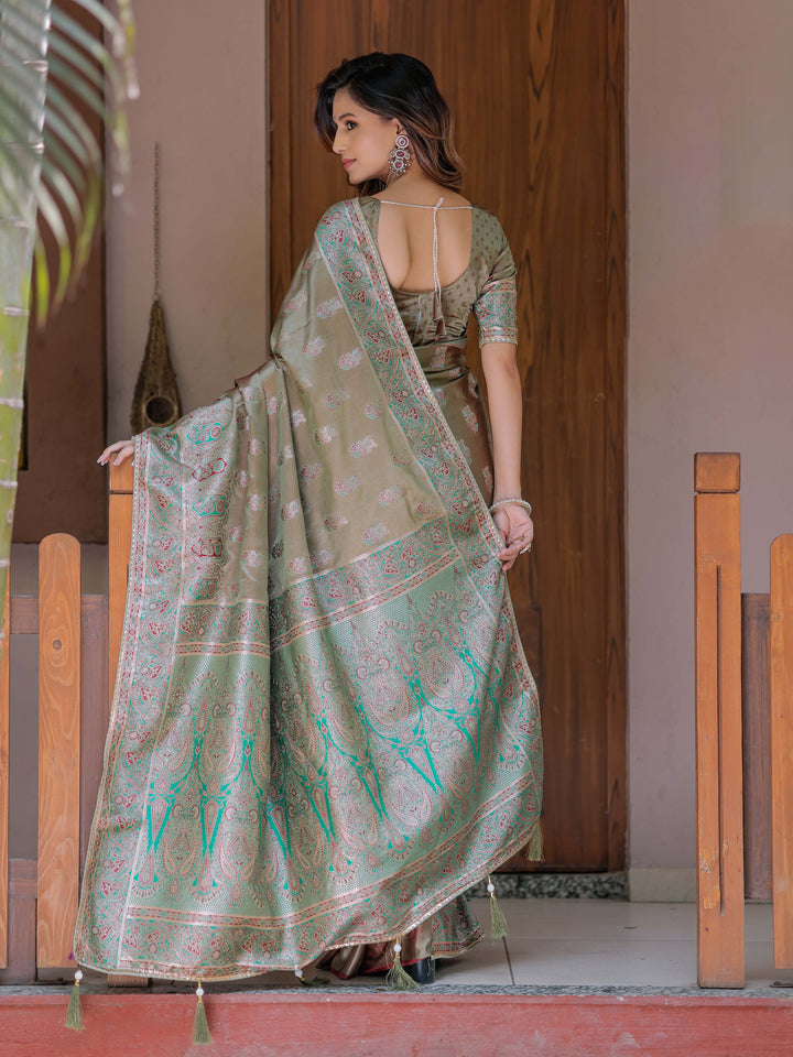 Elegant Olive Gold Banarasi Silk Saree with Intricate Paisley Zari Weaving & Tassel Detailing