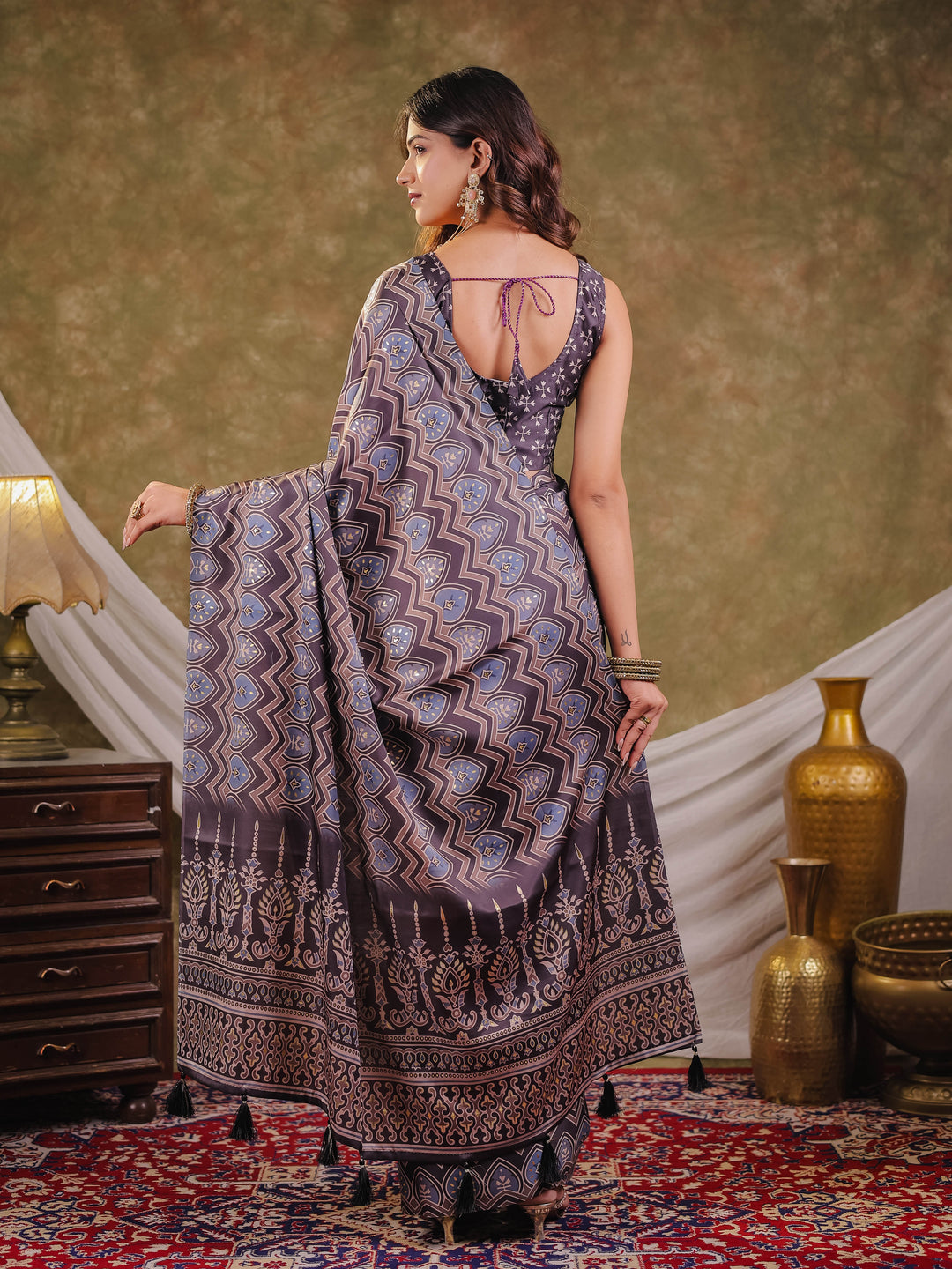 Slate Blue Pure Chinnon Ajrakh Printed Saree with Tassel Edges, Traditional Ethnic Print & Matching Blouse Piece