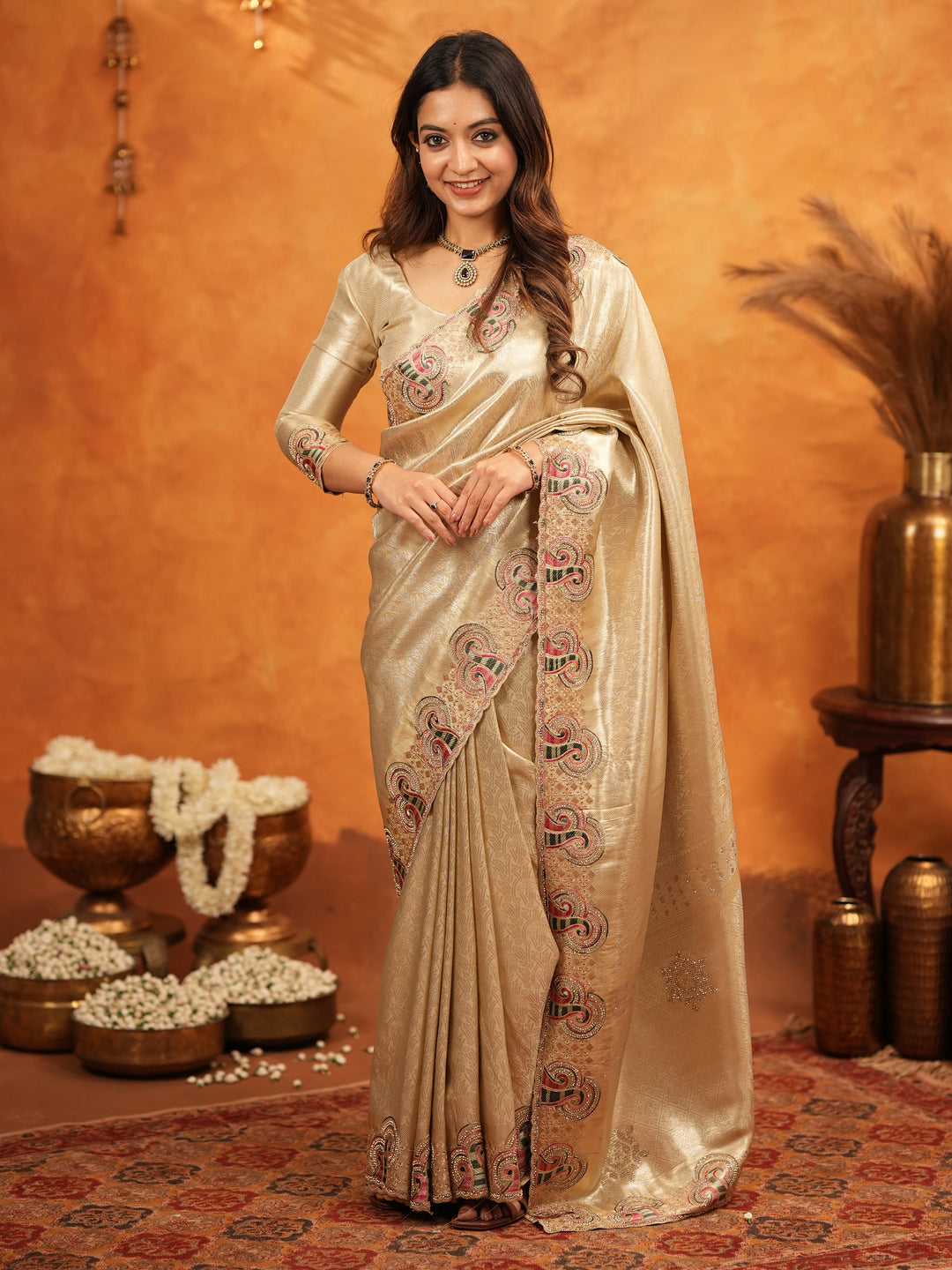 Champagne Gold Banarasi Silk Embroidered Saree with Paisley Border & Zari Weaving | Heavy Embroidered Blouse with Tassels | Wedding & Festive Wear Saree
