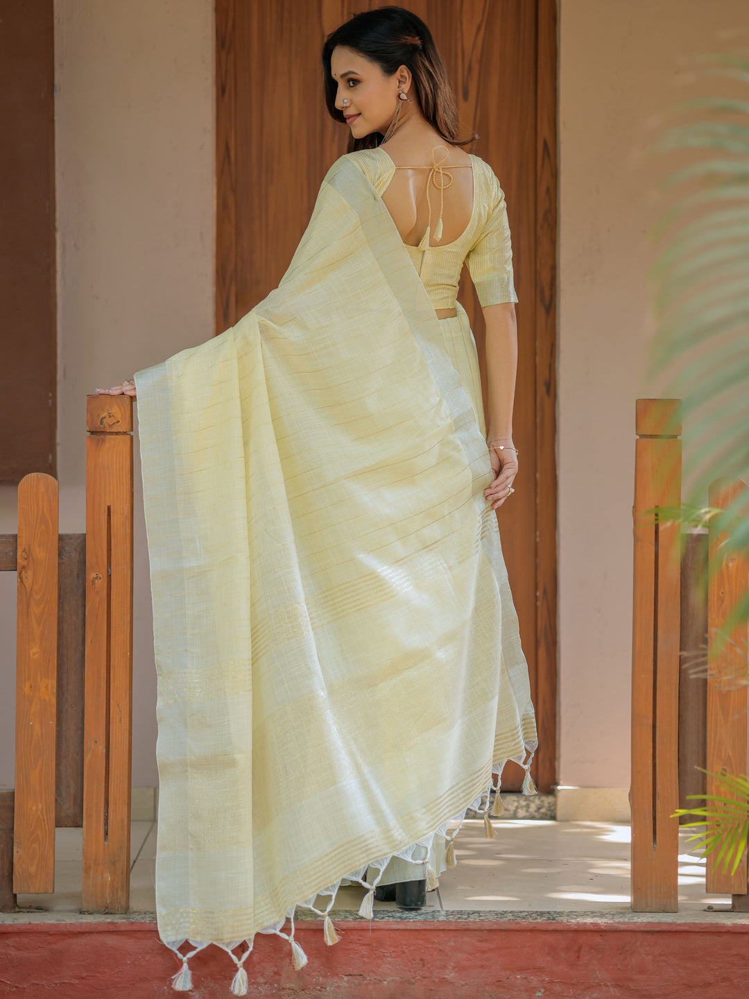 Sunshine Yellow Pure Handloom Cotton Saree with Subtle Striped Weaving & Tassel Detailing