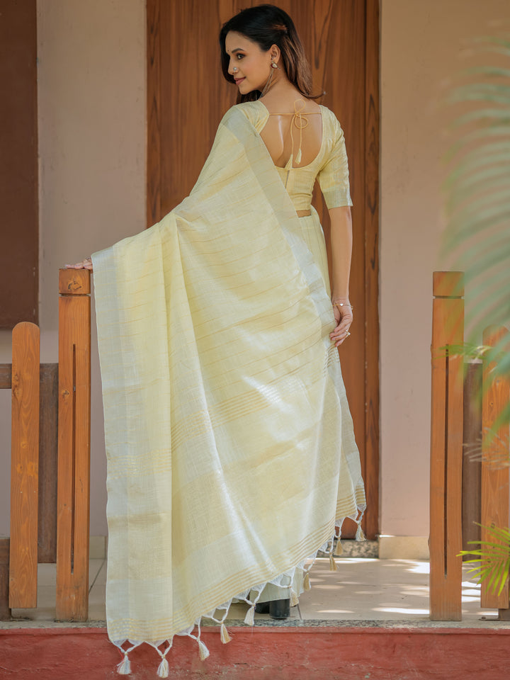 Sunshine Yellow Pure Handloom Cotton Saree with Subtle Striped Weaving & Tassel Detailing