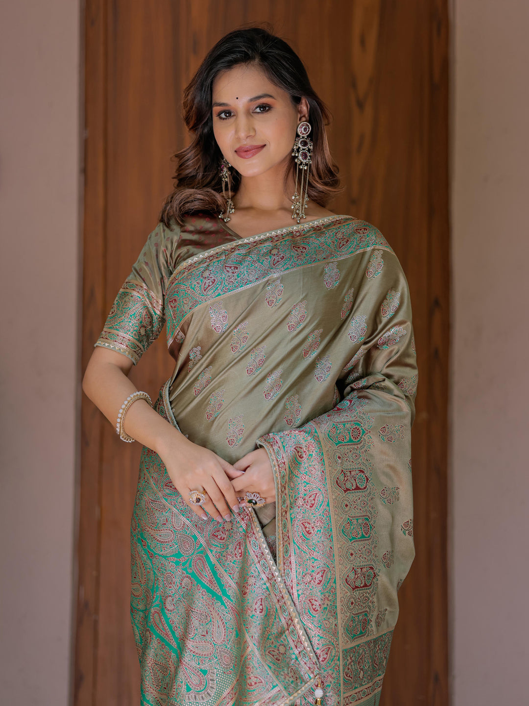 Elegant Olive Gold Banarasi Silk Saree with Intricate Paisley Zari Weaving & Tassel Detailing