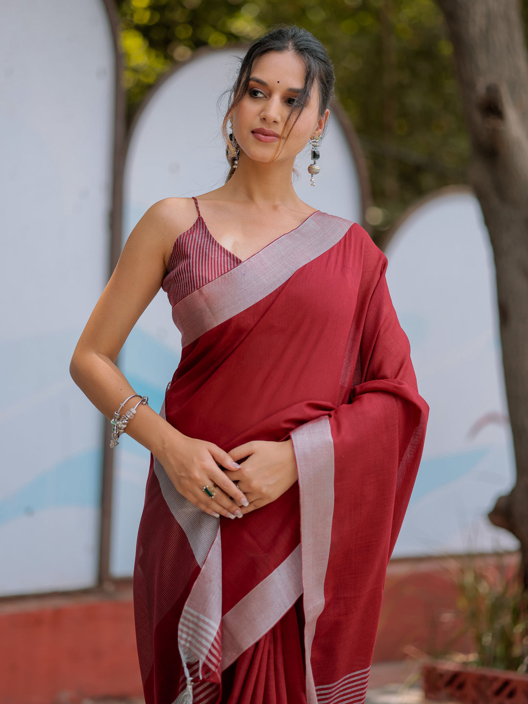 Elegant Wine Red Pure Handloom Cotton Saree with Silver Border & Tassel Detailing