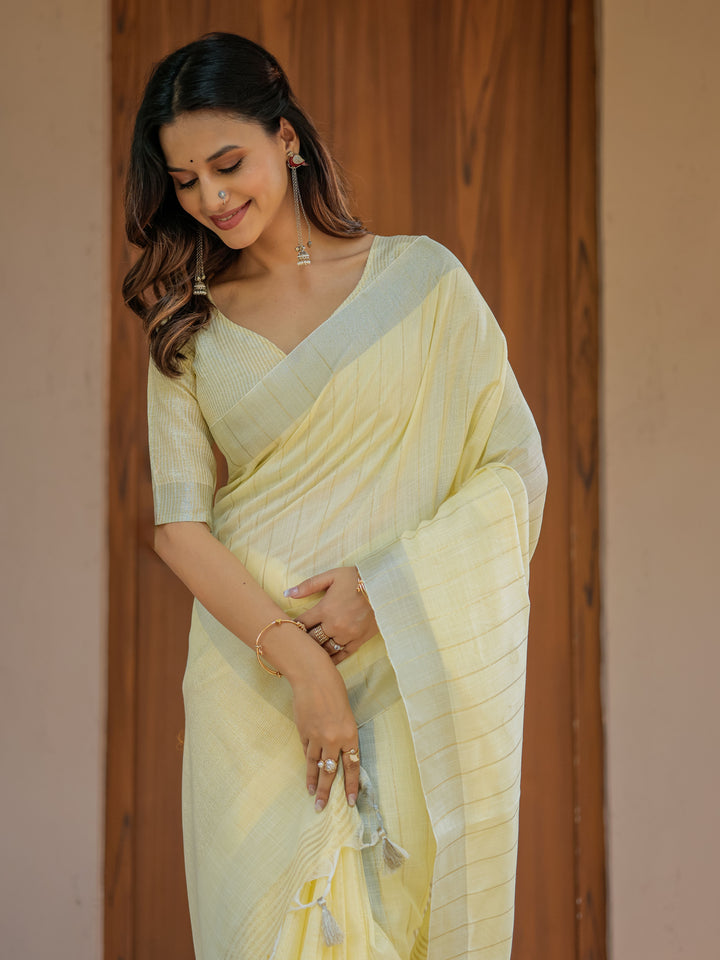 Sunshine Yellow Pure Handloom Cotton Saree with Subtle Striped Weaving & Tassel Detailing