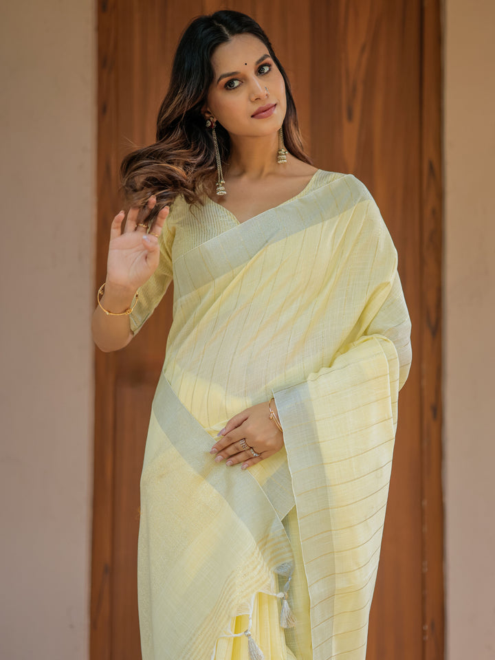Sunshine Yellow Pure Handloom Cotton Saree with Subtle Striped Weaving & Tassel Detailing