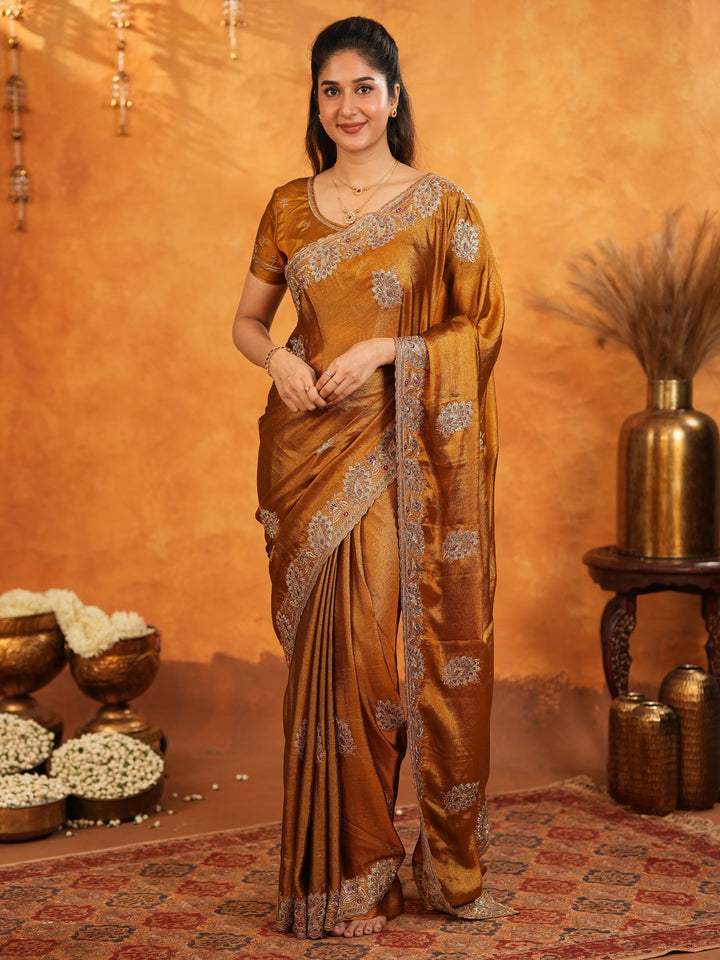 Antique Copper Brown Fendy Satin Embroidered Saree with Elegant Floral Border & Tassels | Designer Saree with Heavy Embroidered Blouse