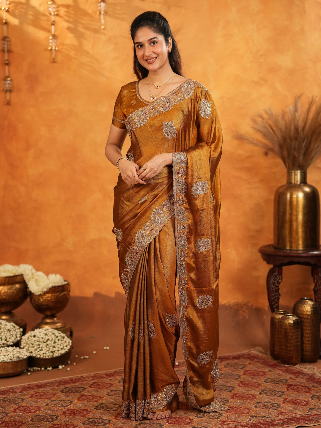 Antique Copper Brown Fendy Satin Embroidered Saree with Elegant Floral Border & Tassels | Designer Saree with Heavy Embroidered Blouse