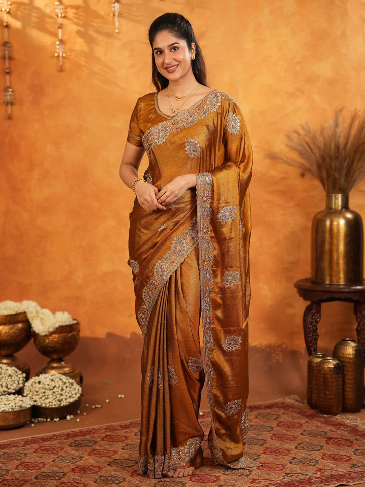 Antique Copper Brown Fendy Satin Embroidered Saree with Elegant Floral Border & Tassels | Designer Saree with Heavy Embroidered Blouse