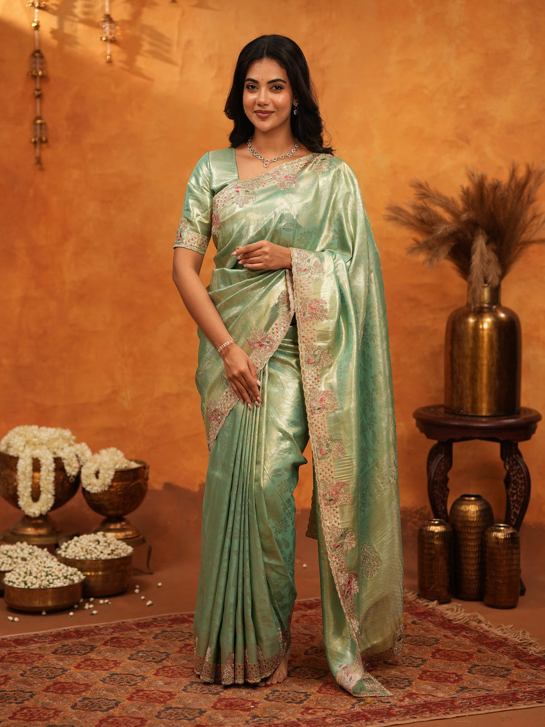 Elegant Mint Green Banarasi Silk Saree with Floral Embroidered Border & Zari Weaving | Designer Festive & Wedding Wear Saree