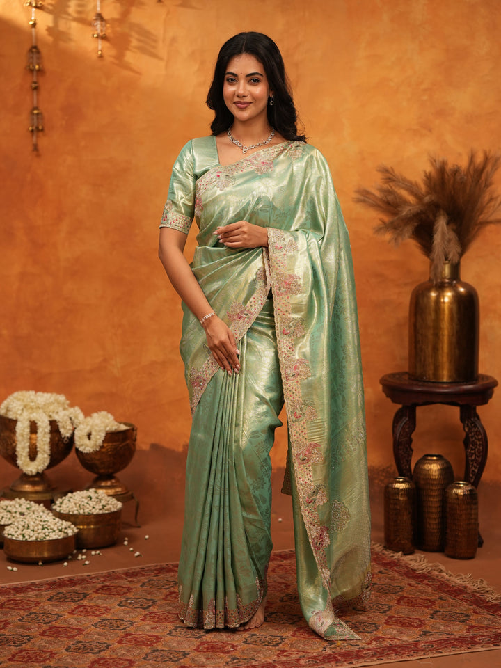 Elegant Mint Green Banarasi Silk Saree with Floral Embroidered Border & Zari Weaving | Designer Festive & Wedding Wear Saree