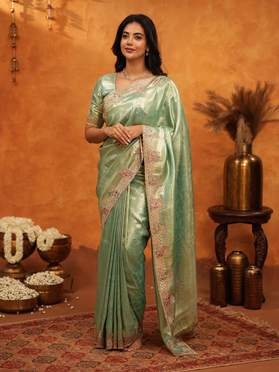 Elegant Mint Green Banarasi Silk Saree with Floral Embroidered Border & Zari Weaving | Designer Festive & Wedding Wear Saree