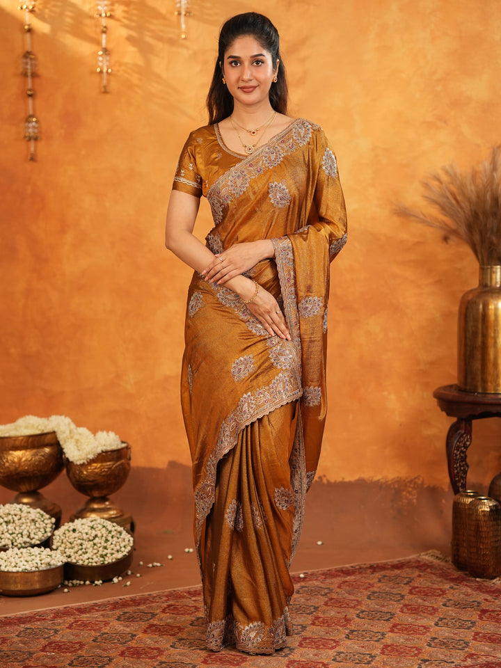 Antique Copper Brown Fendy Satin Embroidered Saree with Elegant Floral Border & Tassels | Designer Saree with Heavy Embroidered Blouse