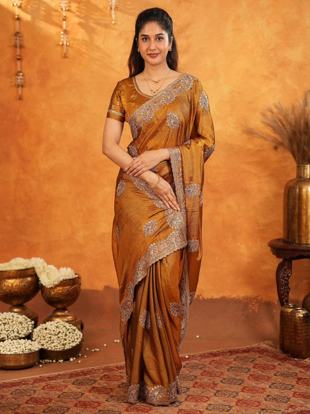 Antique Copper Brown Fendy Satin Embroidered Saree with Elegant Floral Border & Tassels | Designer Saree with Heavy Embroidered Blouse