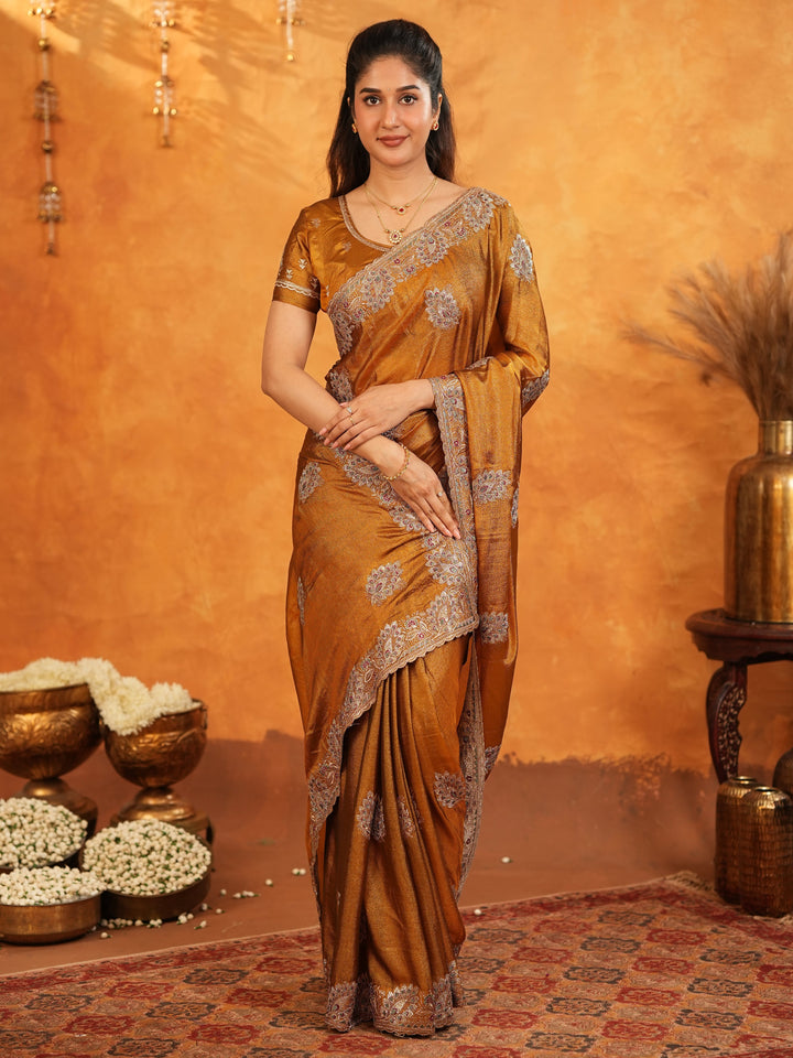 Antique Copper Brown Fendy Satin Embroidered Saree with Elegant Floral Border & Tassels | Designer Saree with Heavy Embroidered Blouse