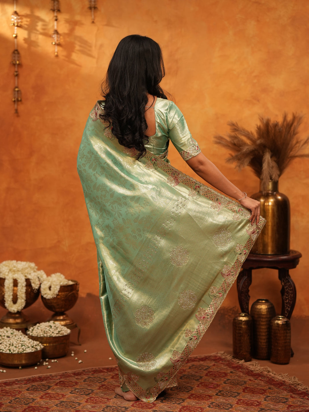 Elegant Mint Green Banarasi Silk Saree with Floral Embroidered Border & Zari Weaving | Designer Festive & Wedding Wear Saree