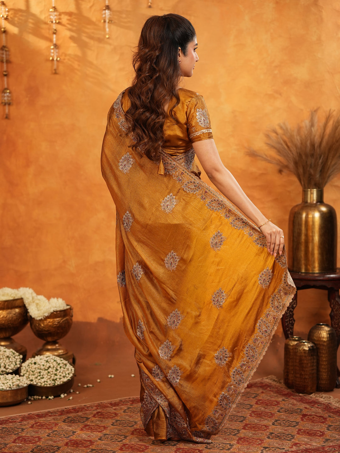 Antique Copper Brown Fendy Satin Embroidered Saree with Elegant Floral Border & Tassels | Designer Saree with Heavy Embroidered Blouse