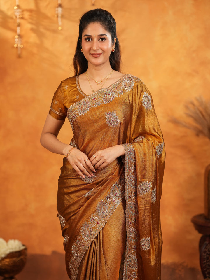 Antique Copper Brown Fendy Satin Embroidered Saree with Elegant Floral Border & Tassels | Designer Saree with Heavy Embroidered Blouse
