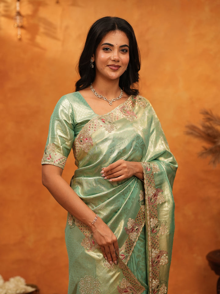 Elegant Mint Green Banarasi Silk Saree with Floral Embroidered Border & Zari Weaving | Designer Festive & Wedding Wear Saree