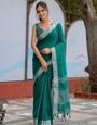 Elegant Emerald Green Pure Handloom Cotton Saree with Silver Border & Tassel Detailing