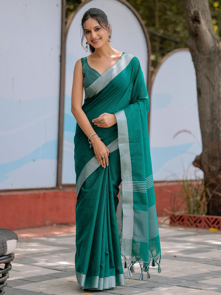 Elegant Emerald Green Pure Handloom Cotton Saree with Silver Border & Tassel Detailing
