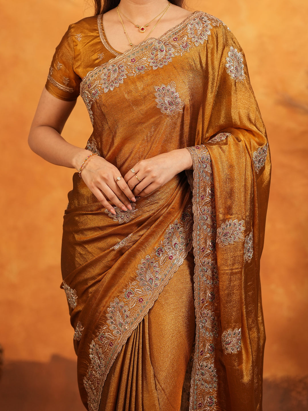 Antique Copper Brown Fendy Satin Embroidered Saree with Elegant Floral Border & Tassels | Designer Saree with Heavy Embroidered Blouse