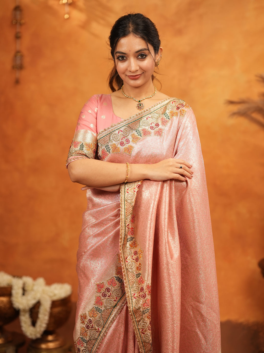 Blush Pink Banarasi Silk Embroidered Saree with Multicolor Floral Border & Zari Weaving | Heavy Embroidered Blouse with Tassels | Wedding & Festive Wear Saree