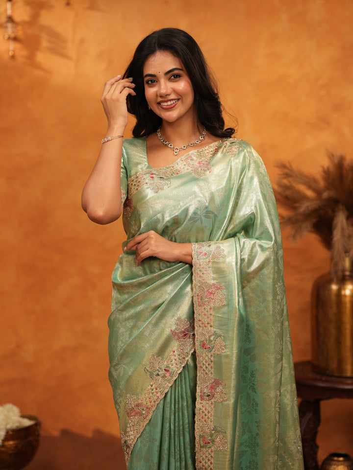 Elegant Mint Green Banarasi Silk Saree with Floral Embroidered Border & Zari Weaving | Designer Festive & Wedding Wear Saree