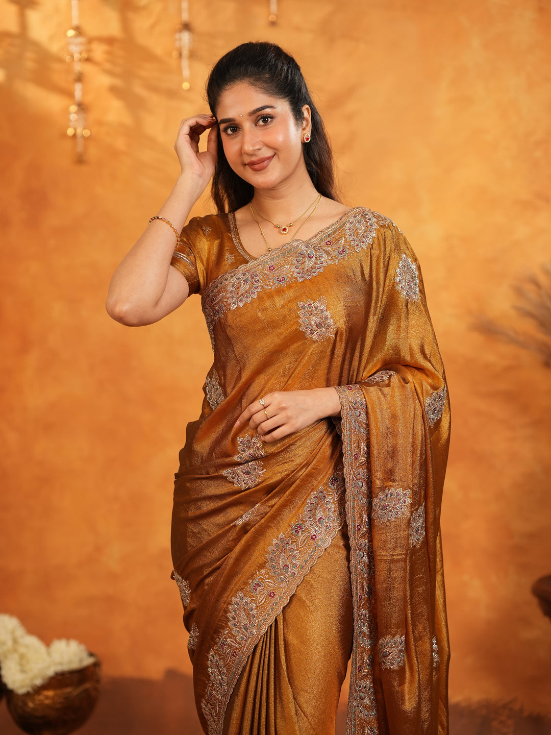 Antique Copper Brown Fendy Satin Embroidered Saree with Elegant Floral Border & Tassels | Designer Saree with Heavy Embroidered Blouse