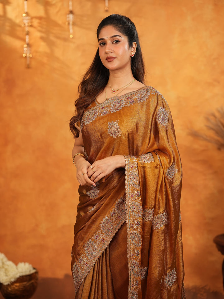 Antique Copper Brown Fendy Satin Embroidered Saree with Elegant Floral Border & Tassels | Designer Saree with Heavy Embroidered Blouse