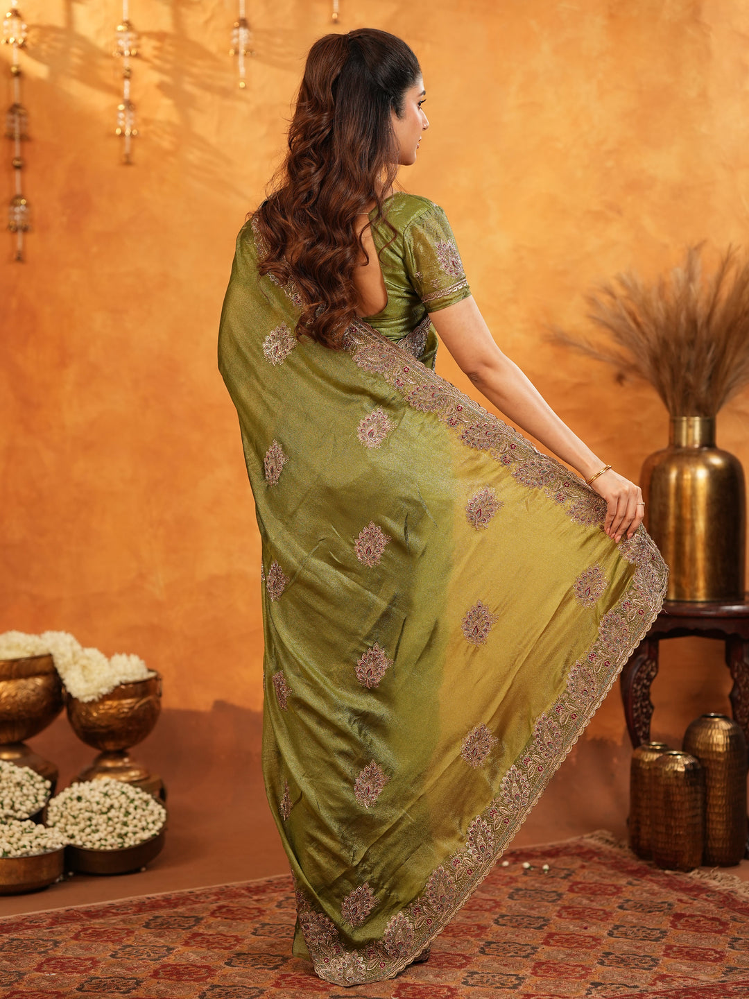 Olive Green Fendy Satin Embroidered Saree with Intricate Floral Border & Tassels | Designer Saree with Heavy Embroidered Blouse