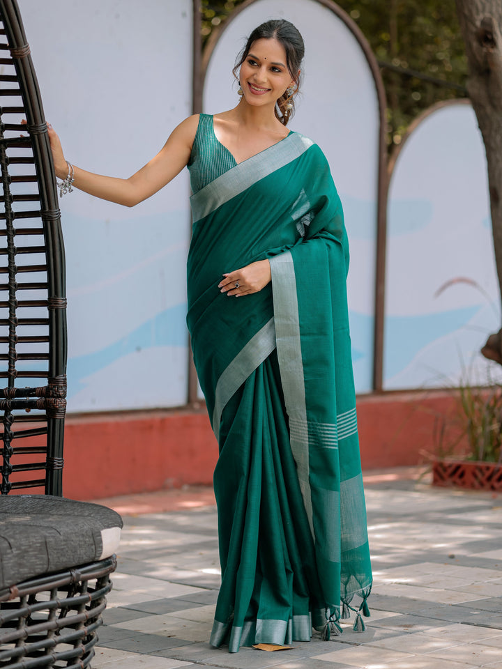 Elegant Emerald Green Pure Handloom Cotton Saree with Silver Border & Tassel Detailing