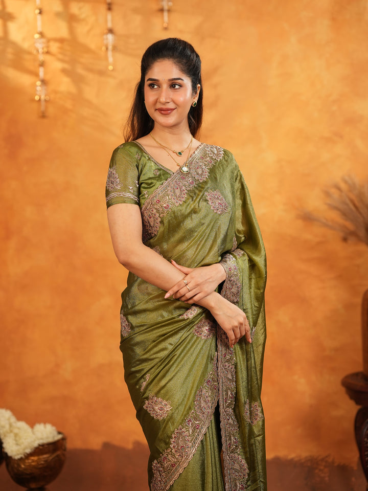 Olive Green Fendy Satin Embroidered Saree with Intricate Floral Border & Tassels | Designer Saree with Heavy Embroidered Blouse