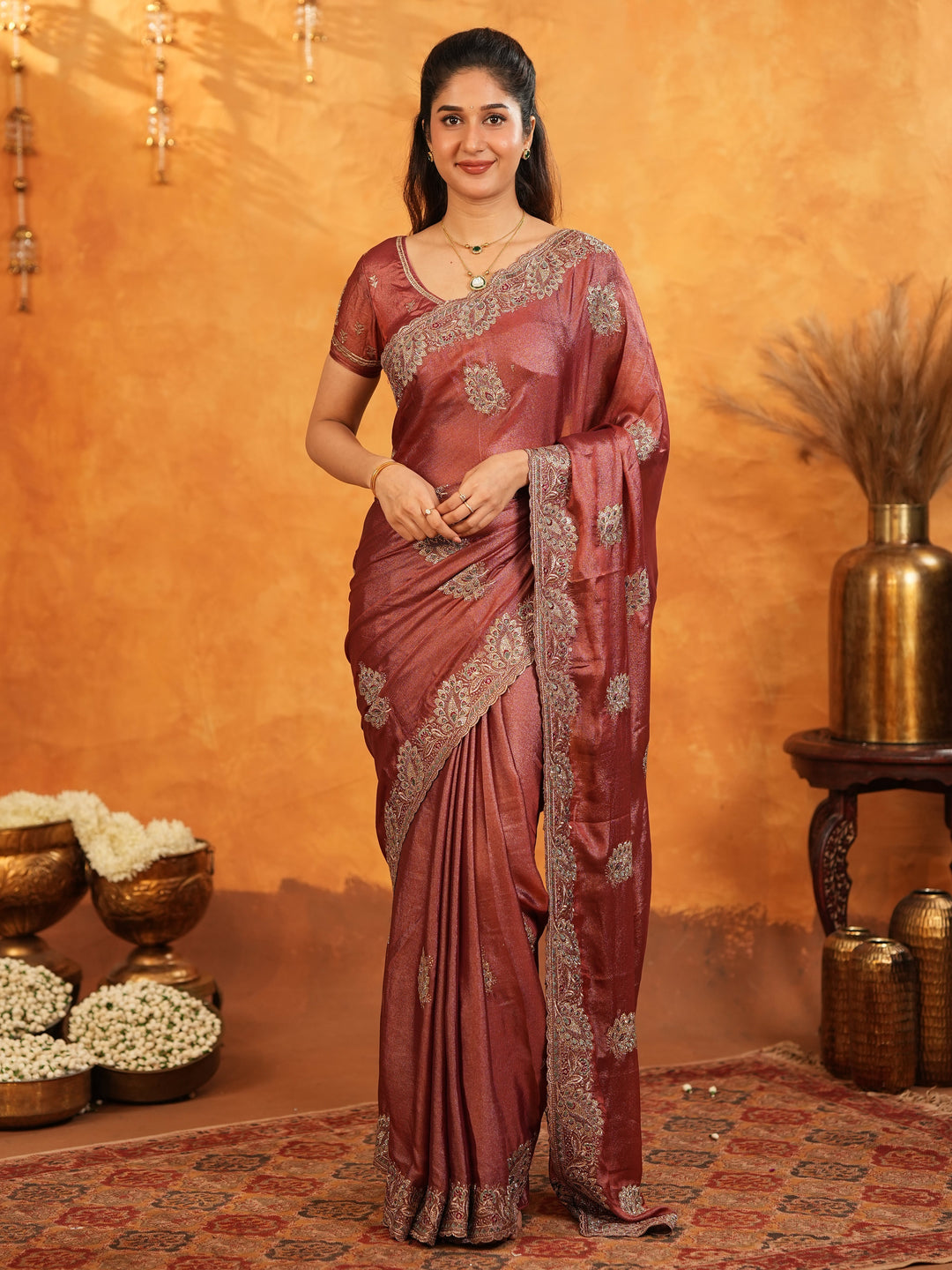 Wine Maroon Fendy Satin Embroidered Saree with Rich Floral Border & Tassels | Designer Saree with Heavy Embroidered Blouse