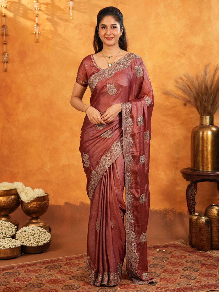 Wine Maroon Fendy Satin Embroidered Saree with Rich Floral Border & Tassels | Designer Saree with Heavy Embroidered Blouse