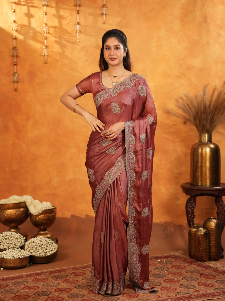 Wine Maroon Fendy Satin Embroidered Saree with Rich Floral Border & Tassels | Designer Saree with Heavy Embroidered Blouse