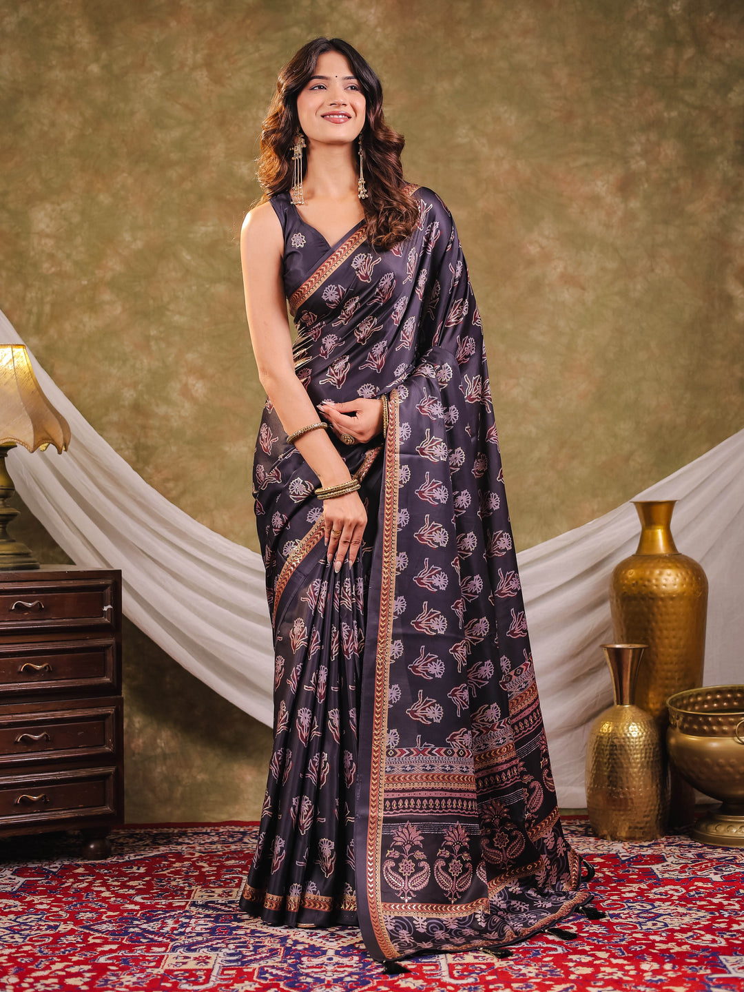 Charcoal Grey Pure Chinnon Ajrakh Printed Saree with Tassel Edges, Traditional Floral Print & Matching Blouse Piece