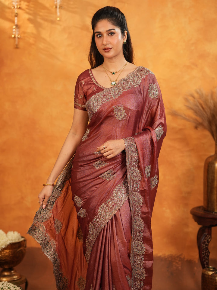 Wine Maroon Fendy Satin Embroidered Saree with Rich Floral Border & Tassels | Designer Saree with Heavy Embroidered Blouse