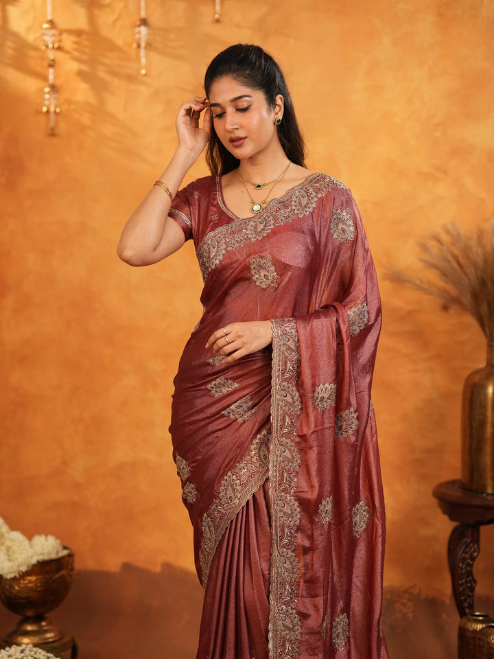 Wine Maroon Fendy Satin Embroidered Saree with Rich Floral Border & Tassels | Designer Saree with Heavy Embroidered Blouse