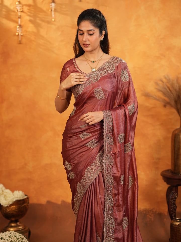 Wine Maroon Fendy Satin Embroidered Saree with Rich Floral Border & Tassels | Designer Saree with Heavy Embroidered Blouse
