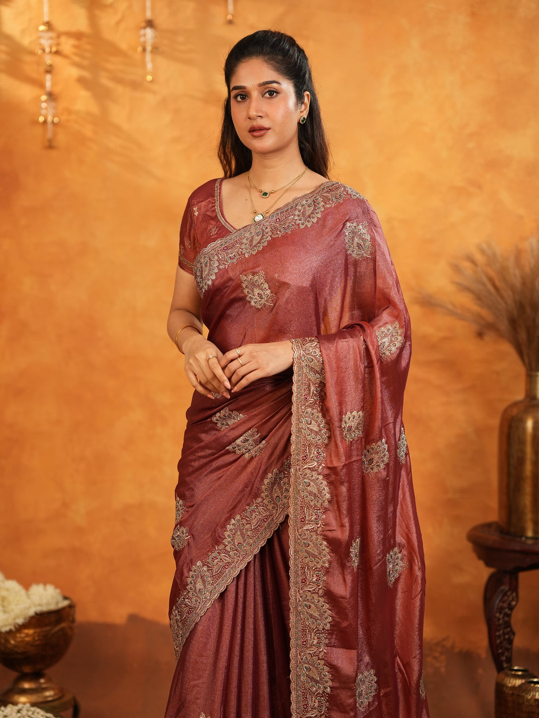 Wine Maroon Fendy Satin Embroidered Saree with Rich Floral Border & Tassels | Designer Saree with Heavy Embroidered Blouse