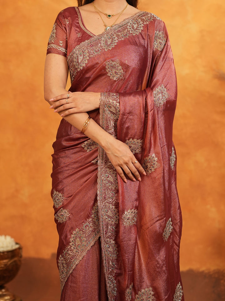 Wine Maroon Fendy Satin Embroidered Saree with Rich Floral Border & Tassels | Designer Saree with Heavy Embroidered Blouse