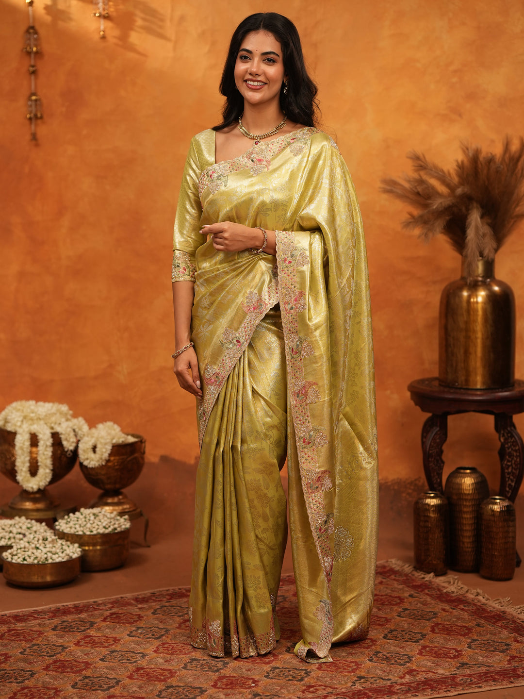 Elegant Olive Gold Banarasi Silk Saree with Floral Embroidered Border & Zari Weaving | Premium Festive Wedding Wear Saree