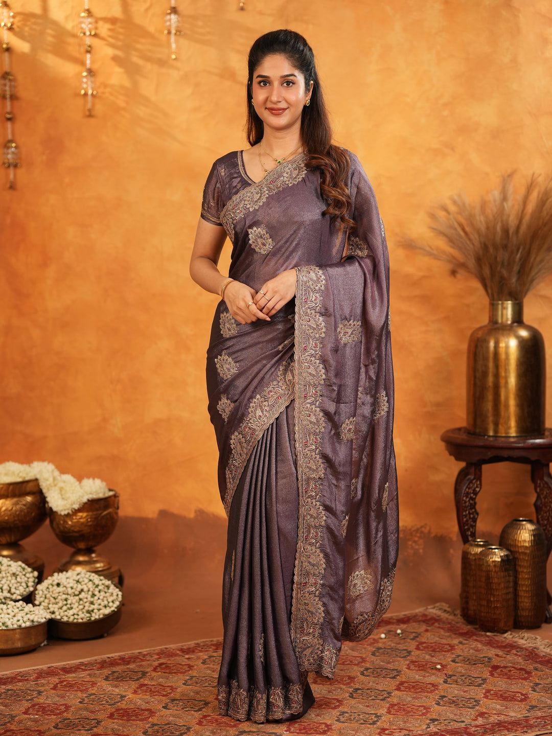 Coffee Brown Fendy Satin Embroidered Saree with Rich Floral Border & Tassels | Designer Saree with Heavy Embroidered Blouse
