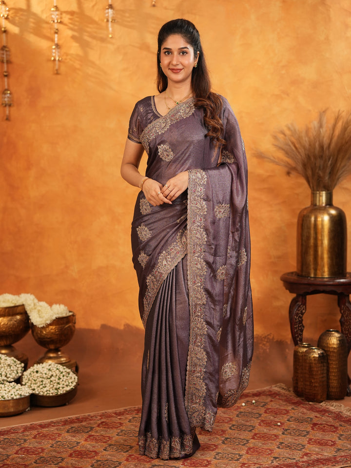 Coffee Brown Fendy Satin Embroidered Saree with Rich Floral Border & Tassels | Designer Saree with Heavy Embroidered Blouse