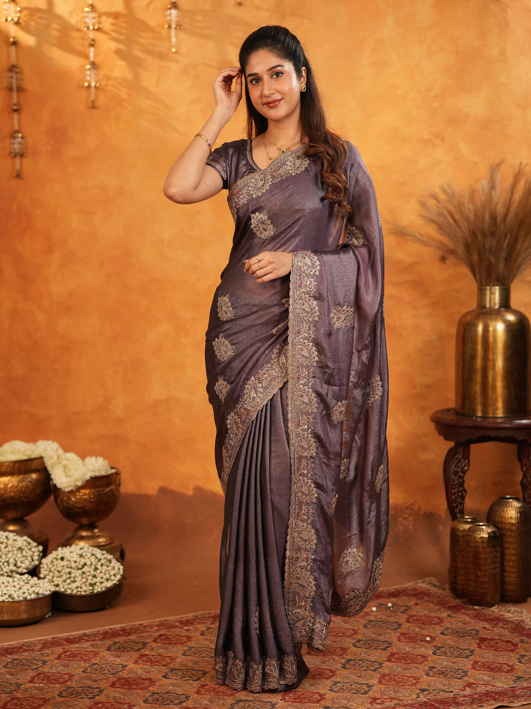 Coffee Brown Fendy Satin Embroidered Saree with Rich Floral Border & Tassels | Designer Saree with Heavy Embroidered Blouse