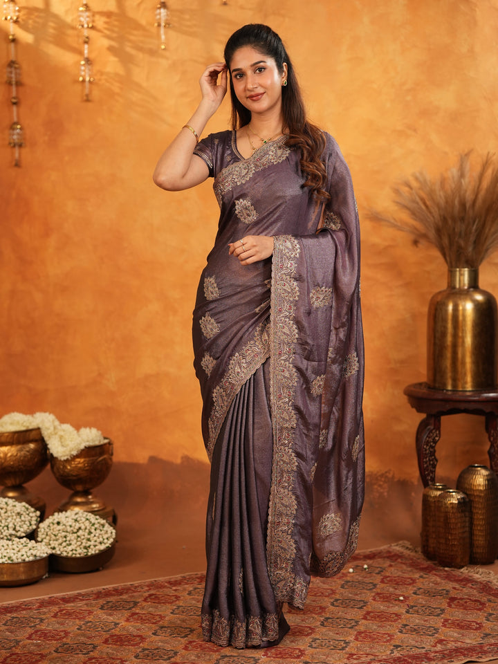 Coffee Brown Fendy Satin Embroidered Saree with Rich Floral Border & Tassels | Designer Saree with Heavy Embroidered Blouse