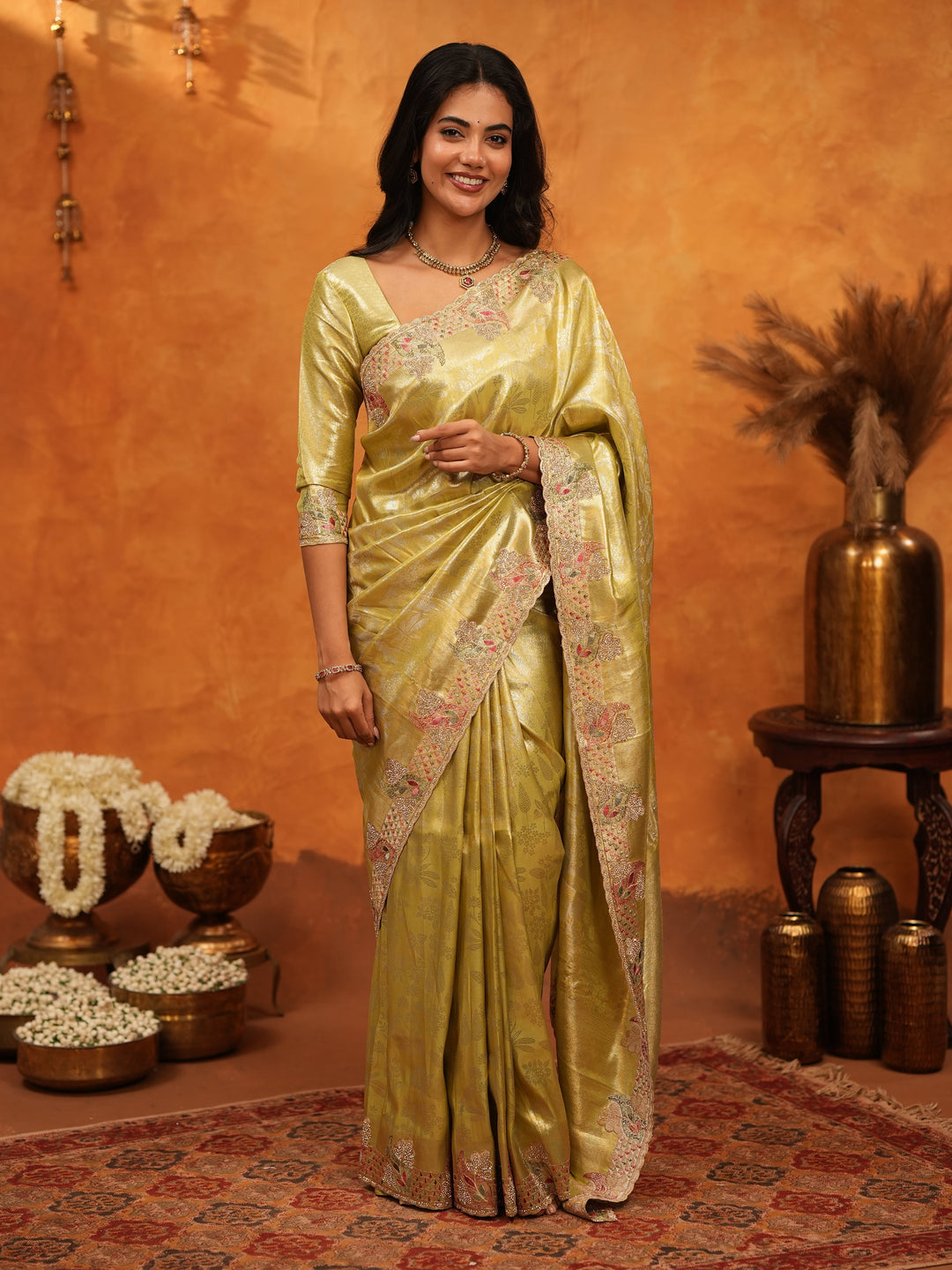 Elegant Olive Gold Banarasi Silk Saree with Floral Embroidered Border & Zari Weaving | Premium Festive Wedding Wear Saree